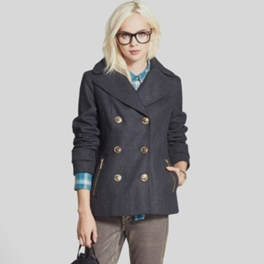 Michael‎ Kors Y2K Dark Gray Double-Breasted Peacoat Wool Blend Trench Coat Sz 10